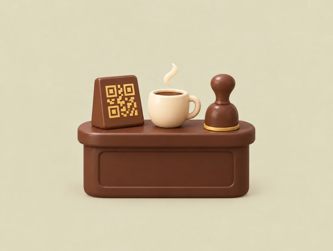 Illustration: Ein Aufsteller mit QR-Code, eine Kaffeetasse und ein Stempel stehen auf einer Café-Theke