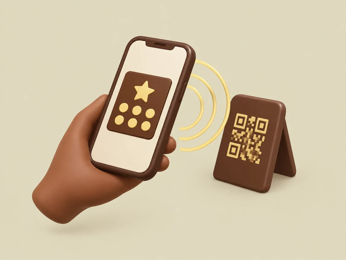 Illustration: Eine Hand hält ein Smartphone an den QR-Aufsteller, goldene Ringe zeigen den Scan