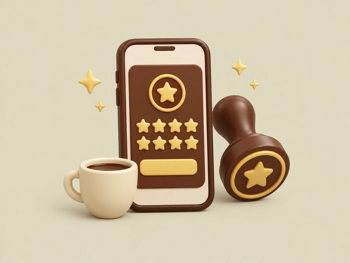 Illustration: Ein Smartphone zeigt eine volle Stempelkarte, daneben stehen ein Stempel und eine Tasse Kaffee