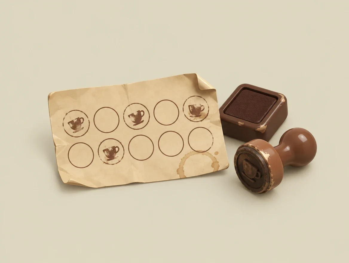 Zerknitterte Papierstempelkarte mit Kaffeering und unregelmäßigen Stempelabdrücken, daneben ein abgenutzter Stempel und ein Stempelkissen